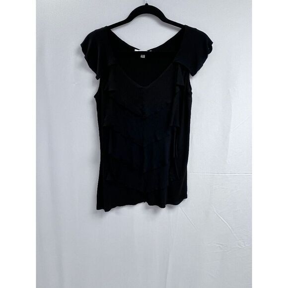 CAbi Womens Flutter Sleeve Scoop neck Ruffled Blouse Black 100% Rayon Medium - Picture 1 of 8